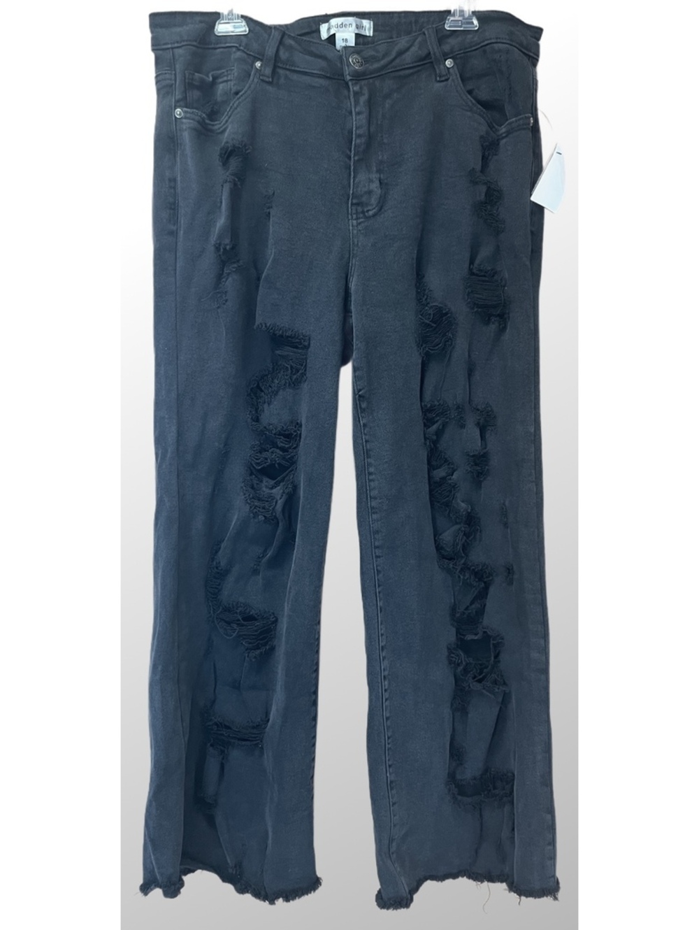 Madden Girl Size 18 High-Rise Distressed Wide-Leg Jeans Black Washed Denim